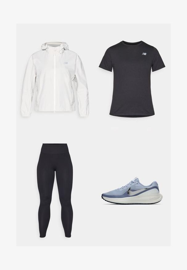 Jachetă ușoară albă, cu fermoar complet, glugă, manșete elastice și două buzunare laterale. Prezintă un logo subtil pe piept.; Tricou scurt cu mânecă neagră, fabricat dintr-un material moale, având un mic logo gri New Balance pe pieptul din stânga sus, cu un design clasic de gât.; Colanți negri cu talie înaltă, dintr-un material elastic, cu o textură netedă. Designul este slim-fit și fără cusături, fără logo-uri sau modele vizibile.; Adidași de alergare Nike în nuanțe de albastru deschis și alb, cu swoosh argintiu, suprafață din plasă respirabilă, talpă căptușită și tread negru pe talpă.