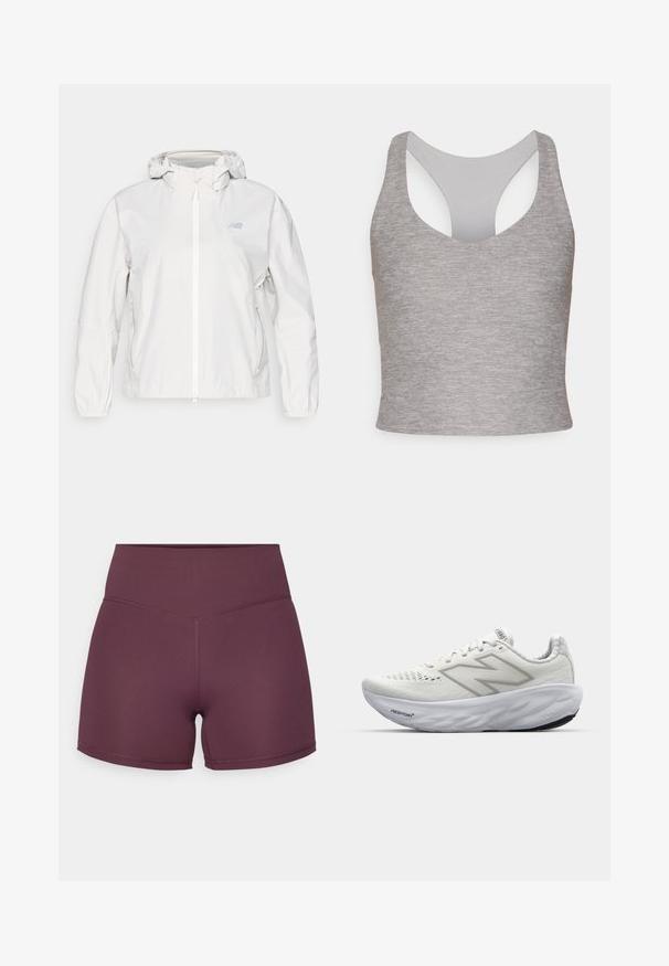 Weiße leichte Jacke mit durchgehendem Reißverschluss, Kapuze, elastischen Bündchen und zwei Seitentaschen. Besitzt ein dezentes Logo auf der Brust.; Grauer ärmelloser Cropped-Top mit weitem Rundhalsausschnitt und einem ausgeschnittenen Rücken. Hergestellt aus weichem, elastischem Stoff mit glatter Textur.; Mauve Sportshorts aus dehnbarem Stoff, mit hohem Bund und glatter Textur sowie kontrastierenden Nähte.; Weiße Sportschuhe mit einem Mesh-Obermaterial, einem gepolsterten Kragen, einer strukturierten Sohle und der "Fresh Foam"-Markierung in der Zwischensohle.