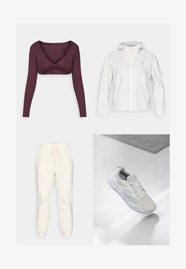 Hvid letvægtsjakke med fuld lynlås, hætte, elastiske manchetter og to sidelommer. Har et diskret logo på brystet.; Langærmet, dyb burgunder crop top lavet af glat stof, med et snoet frontdesign og en bred V-udskæring.; Cremefarvede sweatpants lavet af blødt stof, med en elastisk talje med snøre, sidelommer og snævre cuffs ved anklerne.; Hvid atletisk sko med overdel i mesh, polstret tunge og en hvid gummisål. Bemærkelsesværdige detaljer inkluderer lysegrå dekorationer og en pull tab.