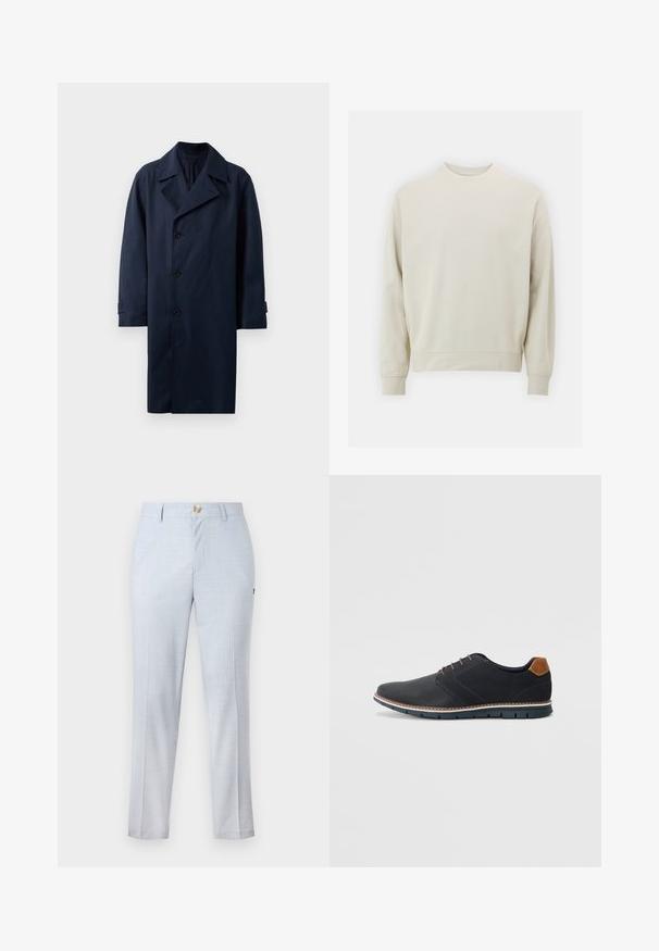 Námorníkový trenčkot s dvojitým zapínáním, širokými klopami, pěti knoflíky a dlouhými rukávy. Vyrobeno z hladké, odolné látky.; Světle béžová mikina vyrobená z jemné látky s kulatým výstřihem, dlouhými rukávy a pružnými manžetami a spodním lemem. Minimalistický design, bez viditelných vzorů.; Světle modré kalhoty z tkané látky s klasickým střihem, rovnými nohavicemi, předními kapsami a knoflíkovým zapínáním. Jemný vzor.; Černé syntetické boty s texturovaným svrškem, hladkými detaily, hnědým podpatkem a kontrastní podrážkou. Obsahují minimální šněrování a švy.