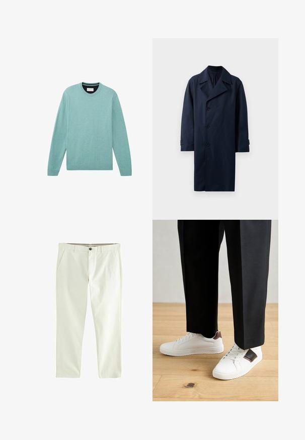 Námornícky trenčkot s dvojradovým zapínaním, širokými klopami, piatimi gombíkmi a dlhými rukávmi. Vyrobený z hladkej a odolnej látky.; Svetlo modrý sveter vyrobený z jemného materiálu, s dlhými rukávmi, okrúhlym výstrihom, ribbovanými manžetami a hladkým povrchom s jemnou štruktúrou.; Biele bavlnené nohavice so strihom rovná nohavica, s dvoma prednými vreckami a zapínaním na gombíky vpredu. Jemná textúra s ležérnym štýlom.; Biele tenisky s hladkým povrchom, s hnedými koženými akcentmi a čiernymi detailmi, spárované s čiernymi elegantnými nohavicami. Pozadím je drevená podlaha.