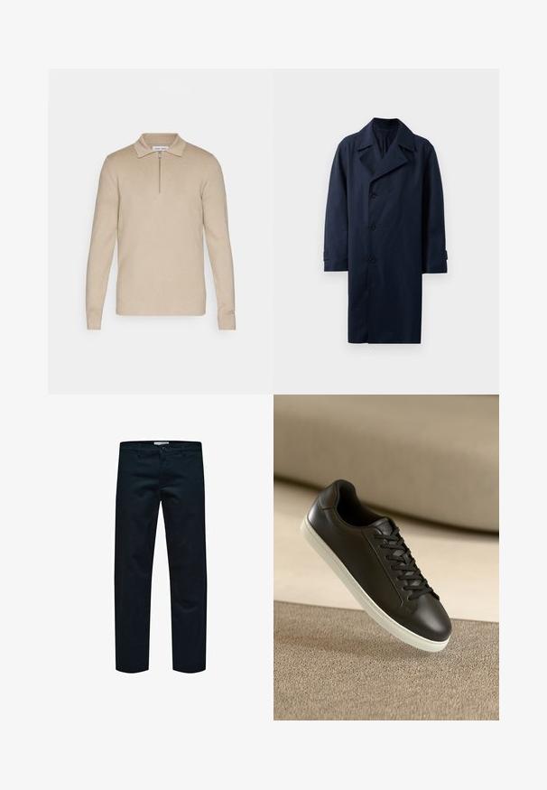 Mornarski plašč z dvojno zadrgo, širokimi ovratniki, petimi gumbi in dolgimi rokavi. Narejen iz gladkega, trpežnega materiala.; Bež dolgrokavnik s puloverjem in zadrgo pri ovratniku. Mehka, teksturirana tkanina s prilegajočo obliko. Minimalistična zasnova brez vzorcev ali okrasnih elementov.; Črne bombažne hlače z ravnim krojem, ki imajo preprost gumbasti odpiralko in standardne žepe. Gladka tekstura in brez vidnih vzorcev.; Črne usnjene superge z belo gumijasto podplatom in črnimi vezalkami, postavljene na bež tkaninsko površino in ozadje.