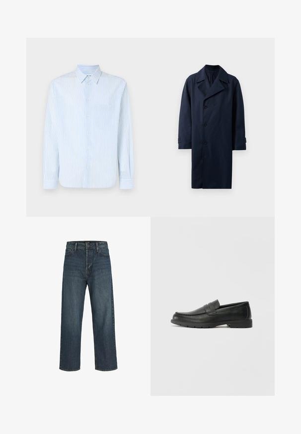 Marineblå trenchcoat med dobbeltradet design, brede revers, fem knapper og lange ermer. Laget av glatt, slitesterk tekstil.; Lyseblåstripete knappskjorte med lange ermer, standard krage og ett brystlomme. Laget av et glatt stoff med vertikale striper.; Mørkeblå denimjeans med høy midje, vid buksestil, subtil falming og klassiske femlommer. Frontknap og lynlåslukning.; Svart skinnloafers med glatt finish, mokkasin-stil overdel, broderte detaljer og gummisåle. Klassisk design med lav hæl.