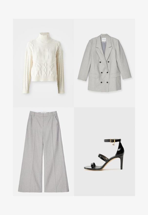 Blazer cinza de abotoamento duplo com riscas verticais, apresentando lapela com recorte, dois bolsos frontais e botões pretos. Interior forrado.; Sweater de malha em creme com um gola alta canelada, apresentando padrões texturizados e detalhes de ponto de cable nas mangas e no corpo. Estilo curto e ajustado.; Calças largas cinzentas com riscas verticais, apresentando uma textura suave e um leve brilho. Inclui bolsos frontais e uma cinta.; Sandal de couro envernizado preto com três tiras, fivela no tornozelo e salto agulha de 10 cm. Apresenta detalhes em hardware dourado e um charme com logotipo.