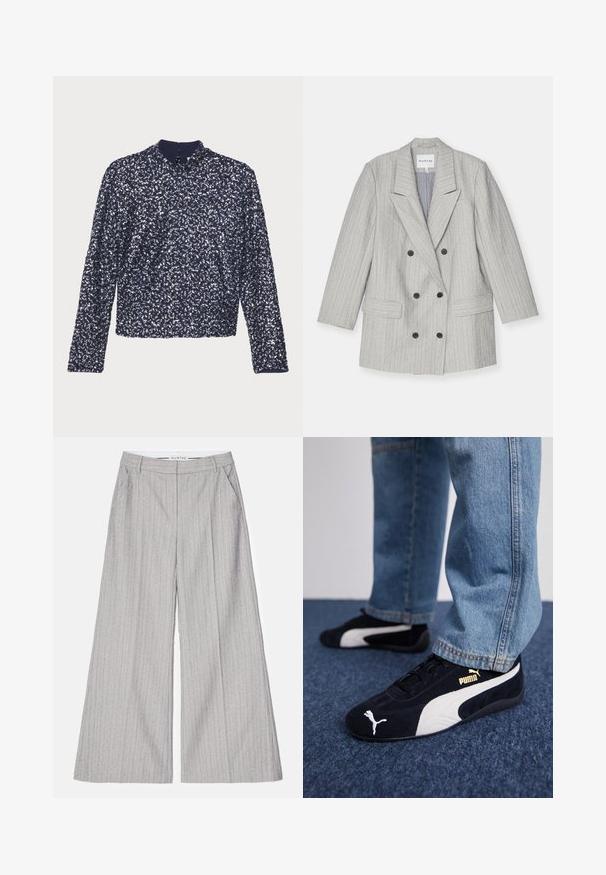 Blazer grigio doppiopetto con righe verticali, caratterizzato da reversal con bavero, due tasche frontali e bottoni neri. Interno foderato.; Blusa blu navy con maniche lunghe, colletto alto e zip posteriore. Presenta una superficie texturizzata con paillettes lucide disposte densamente.; Pantaloni a gamba larga grigi con righe verticali, caratterizzati da una texture liscia e un leggero lucido. Inclusi tasche frontali e una cintura.; Sneaker in suede nera con dettagli bianchi, dotate di un logo dorato. Indossate con jeans di denim azzurro e posizionate su una superficie blu testurizzata.