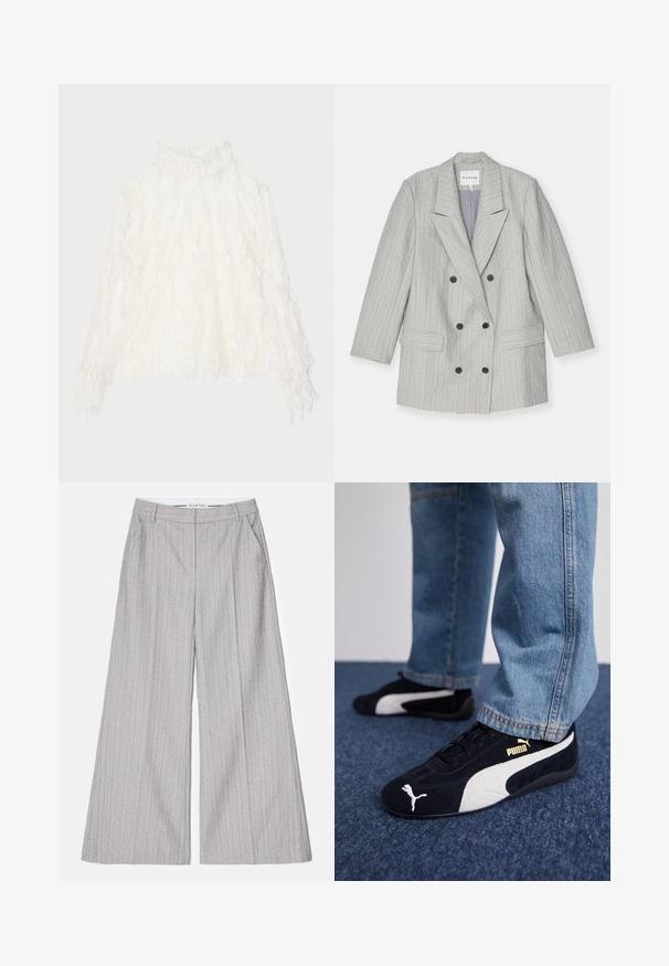 Blazer grigio doppiopetto con righe verticali, caratterizzato da reversal con bavero, due tasche frontali e bottoni neri. Interno foderato.; Blusa bianca, texturizzata, con colletto alto e dettagli arricciati. Maniche lunghe con polsini elasticizzati, realizzata in un tessuto leggero e trasparente.; Pantaloni a gamba larga grigi con righe verticali, caratterizzati da una texture liscia e un leggero lucido. Inclusi tasche frontali e una cintura.; Sneaker in suede nera con dettagli bianchi, dotate di un logo dorato. Indossate con jeans di denim azzurro e posizionate su una superficie blu testurizzata.