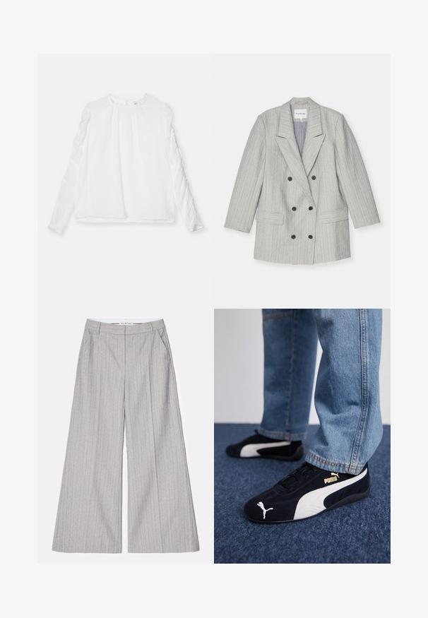 Grå dobbeltradet blazer med lodrette striber, med en reversed krave, to frontlommer og sorte knapper. Foret inderside.; Hvid langærmet top med rund halsudskæring og samlede detaljer på ærmerne. Lavet af letvægtsstof med en flowy pasform.; Grå vide benbukser med lodrette striber, der har en glat tekstur og en subtil glans. Inkluderer forreste lommer og en waistband.; Sorte ruskinds sneakers med hvide detaljer og et guldlogo. Båret med lyseblå denimjeans og sat på en struktureret blå overflade.