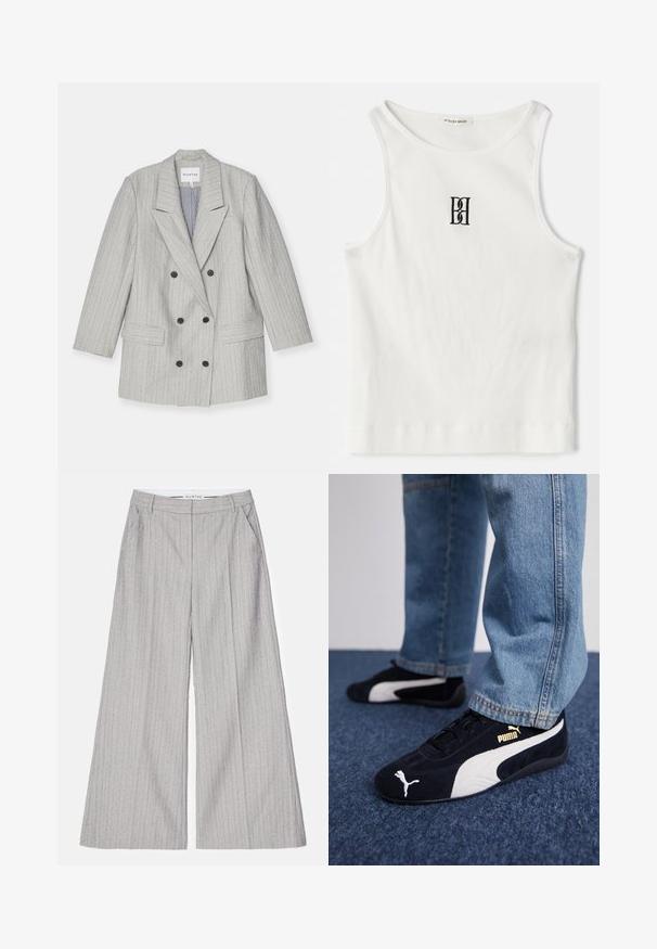 Sivi dvostruki sako s okomitim prugama, s odrezanim reverom, dva prednja džepa i crnim dugmadima. Obložen unutrašnjost.; Bijela rebrasta majica bez rukava s crnim izvezenim logotipom u središtu prsnog dijela. Izrez i otvori za ruke su finiširani suptilnim obrubom.; Sive široke hlače s vertikalnim prugama, koje imaju glatku teksturu i suptilan sjaj. Uključuju prednje džepove i pojas.; Crne suede tenisice s bijelim detaljima, s zlatnim logotipom. Nosene su s svijetloplavim trapericama i postavljene na teksturiranoj plavoj podlozi.