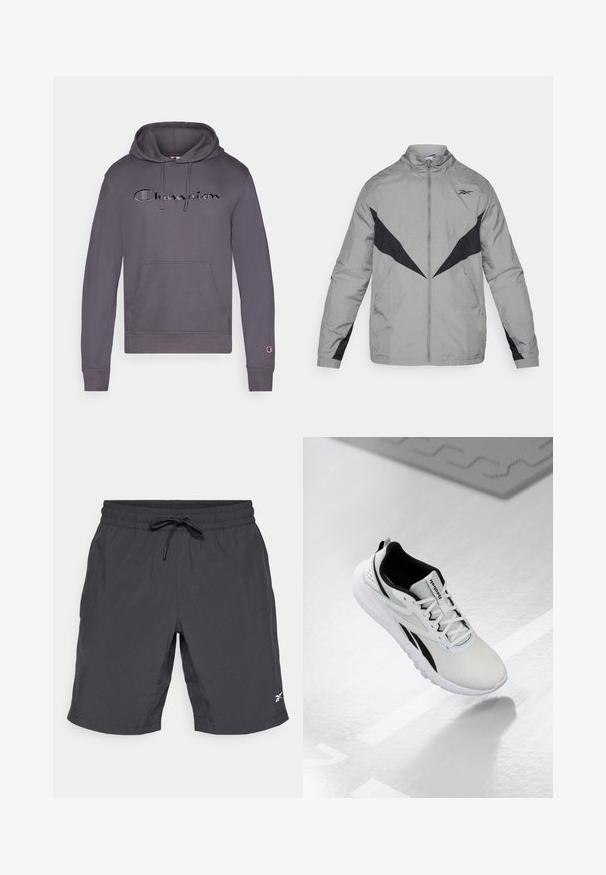 Cortavientos ligero en color gris con acentos negros. Presenta un cuello alto, cremallera frontal y patrones de diseño en contraste en el pecho y las mangas.; Sudadera gris con capucha ajustable, que presenta un gran logotipo negro de "Champion" en el frente y un bolsillo tipo canguro. Mangas acampanadas.; Pantalones cortos deportivos negros con cintura elástica y cordón. Tejido suave, de longitud a la rodilla, con un pequeño logo blanco en el lado derecho inferior.; Zapato deportivo gris claro con acentos negros, parte superior de malla texturizada, suela acolchada y cierre de cordones. Incluye una tira de tirón en el talón.