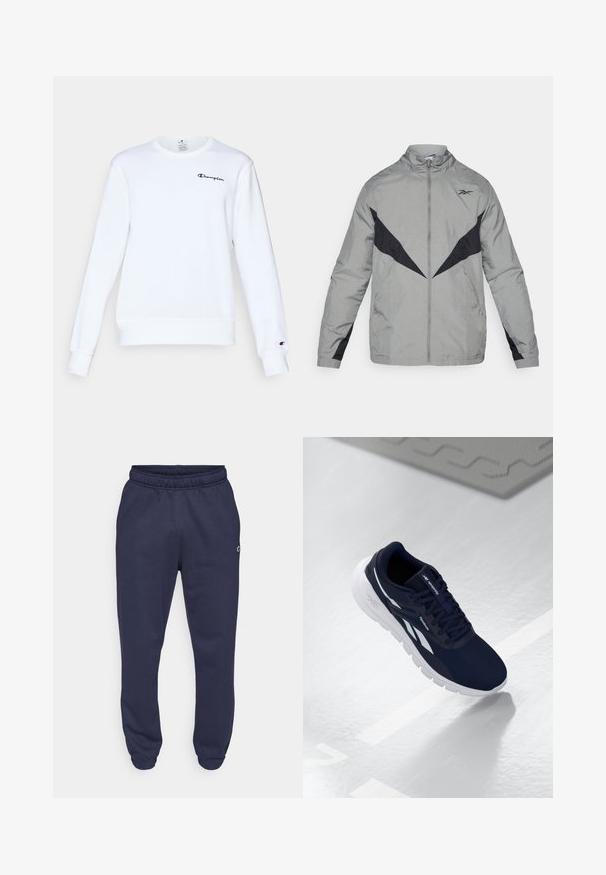 Lagani sivi vjetrobran s crnim detaljima. Ima visoki ovratnik, prednji zatvarač i kontrastne dizajnerske uzorke na prsima i rukavima.; Bjela pamučna majica s dugim rukavima, okruglim izrezom, rebrastim manžetama i rubom, s malim crnim logom "Champion" na prsima.; Champion ICONS CUFF PANTS - Donji dijelovi trenirke - navy; Mornarska atletska cipela s teksturiranim gornjim dijelom, bijelim detaljima i jastučićem na potplatu. Ima dizajn vezanja i logo na jeziku.
