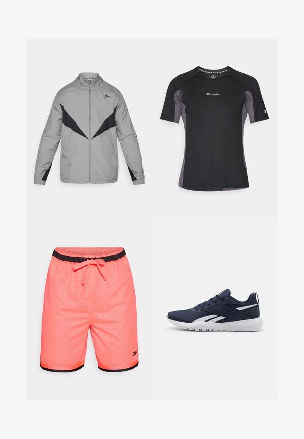 Lahka siva vetrovka z črnimi akcenti. Ima visok ovratnik, sprednji zadrgo in kontrastne oblikovne vzorce na prsih in rokavih.; Kratka športna majica s kratkimi rokavi v črni barvi z sivo poudarjenimi detajli. Ima zračna tkanina, okroglo ovratnico in majhen logotip na prsih.; Neonsko roza športne hlače z mrežastim materialom, elastičnim črnim pasom, nastavljivo vrvico in kontrastnim črnim robom.; Mornarske športne čevlje z mrežasto zgornjim delom, belo gumo podplatom in kontrastnimi belimi detajli. Zavezujejo se in imajo zadnji zanka.