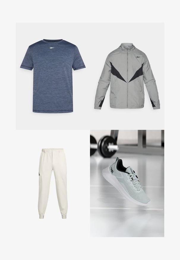 Lightweight, gray windbreaker with black accents. Features a high collar, front zipper, and contrasting design patterns on chest and sleeves.; Short-sleeve t-shirt in dark blue with a textured, heathered design. Features a crew neckline and a small logo on the chest.; Light beige jogger pants with an elastic waistband, side pockets, and ribbed cuffs; feature a black logo accent on the left hip.; Light gray athletic shoe with mesh upper, black accents, and white sole. Features a textured pattern and lace-up closure.