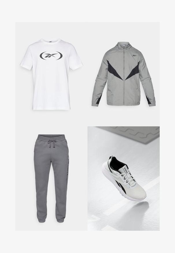 Lengvas, pilkas vandenį atstumiantis paltas su juodais akcentais. Yra aukštas apykaklė, priekinis užtrauktukas ir kontrastingi dizaino raštai krūtinėje ir rankovėse.; Balta medvilnės marškinėliai trumpomis rankovėmis, su dideliu juodu logotipo dizainu ant priekio. Apvali iškirptė ir standartinis siluetas.; Champion ICONS TONAL CUFF LARGE LOGO - Treningo apatinė dalis - foggy; Šviesiai pilki sportiniai batai su juodais akcentais, tekstūruota tinklinė viršutinė dalis, paminkštintas padas ir raišteliais užsegamas užsegimas. Yra kulno traukimo kilpelė.