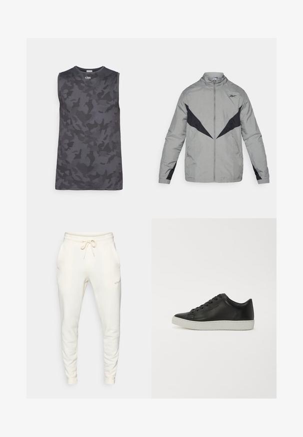 Corta-vento leve, cinza, com detalhes pretos. Apresenta um colarinho alto, fecho éclair frontal e padrões de design contrastantes no peito e nas mangas.; Camisola sem mangas cinza escuro com padrão de camuflagem. Feita de um tecido suave, tem um decote redondo e um logótipo discreto ao centro.; Calças de fato brancas feitas de um tecido suave, com uma cintura elástica e cordão, bolsos laterais e punhos canelados.; Sapatilhas de couro preto com biqueira arredondada, sola plana de borracha branca e design de listra com seis ilhós. Textura suave, estilo minimalista.