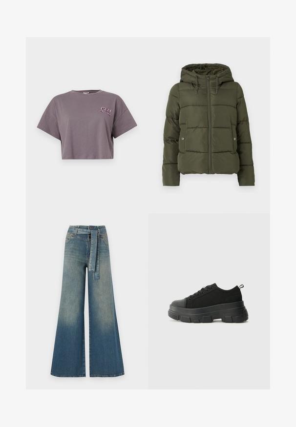 Olīvzaļš pūkains apģērbs ar kapuci, ar rāvējslēdzēju un sānu kabatām. Iezīmē horizontālu quiltēšanas rakstu un regulējamu auklu ap kapuci.; Sagriezta pelēka kokvilnas T-kreklu. Tam ir apaļa kakla izgriezums un īsas piedurknes. Priekšpuses kreisajā pusē ir krāsains "OZZY OSBOURNE" teksta logo.; Platām kājām džinsu bikses ar gaismas līdz tumši zilam gradientam, augstu jostas līniju, jostas cilpām un atbilstošu auduma jostu. Tekstūrēts džinsas apdare.; Melnas kedas ar masīvu gumijas zoli, teksturētu auduma augšdaļu, apaļu purngalu un saistīšanas dizainu. Iekļautas pastiprinātas acs atveres un aizmugurējais cilpiņas siksniņa.