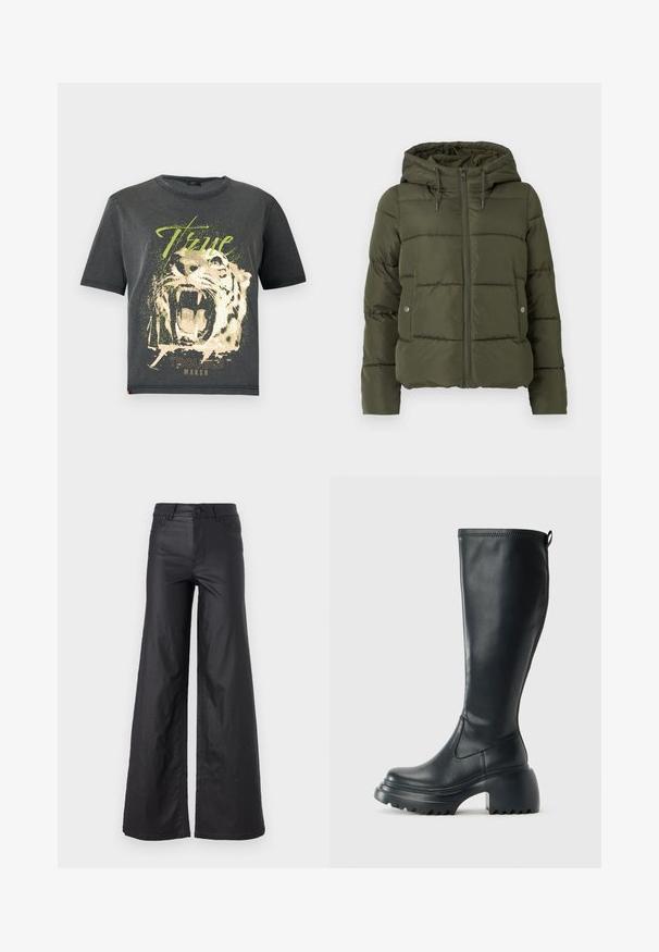 Maslinasto zelena puf jaka s kapuljačom, zatvaranjem na patentni zatvarač i bočnim džepovima. Ima horizontalni kvadratni uzorak i podesivu šnalu oko kapuljače.; JDY JDYFAROCK ELINA - Majica kratkih rukava s printom - black; Crne široke hlače od umjetne kože. Imaju visoki struk, petlje za remen, dva prednja džepa i šivanu obradu.; Visoke crne kožne čizme s debelim platformskim đonom i blok petom, s patentom za povlačenje i teksturiranim uzorkom na potplatu.