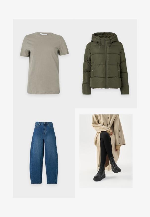 Casaco puffer verde-oliva com capuz, fecho com zíper e bolsos laterais. Apresenta um padrão acolchoado horizontal e cordão ajustável ao redor do capuz.; T-shirt de manga curta em caqui, feita de tecido macio. Decote redondo; bainha reta. Design minimalista sem padrões ou detalhes visíveis.; Denim jeans em um tom de azul médio, apresentando uma cintura alta, corte largo e design padrão de cinco bolsos com detalhes de costura visíveis.; Botas de tornozelo de couro preto com detalhe de atacadores, sola de plataforma elevada e leggings pretas texturizadas, usadas com um trench coat bege claro.