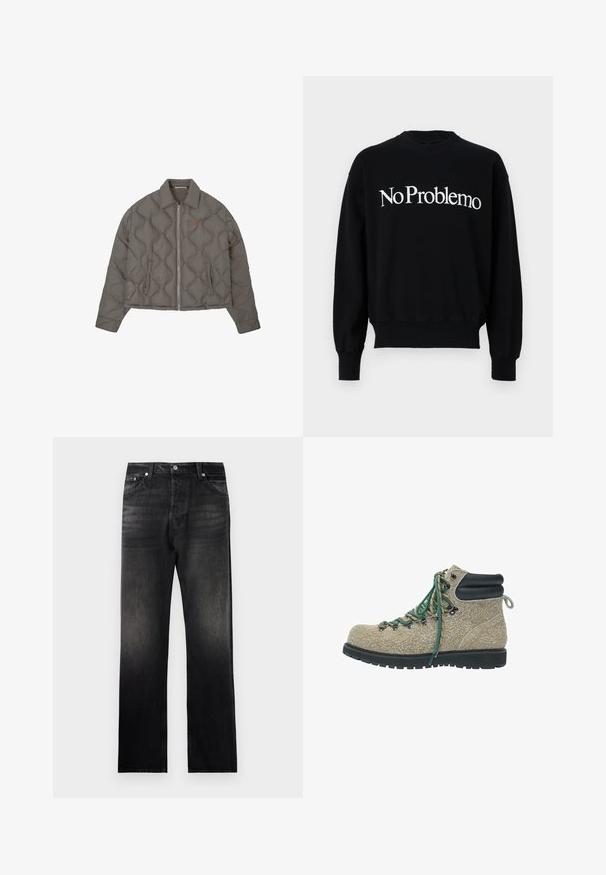 Grijze gewatteerde jas met een rits aan de voorkant, kraag en twee zijzakken, met een klein geborduurd embleem op de borst.; Zwarte sweatshirt met ronde hals, voorzien van witte tekst "NoProblemo" over de borst. Ribgebreide manchetten en onderrand, zachte stofstructuur.; Zwarte denim jeans met een rechte pijp, voorzien van een vervaagde gradient-effect, vijf zakken ontwerp en metalen hardware accenten.; Wandelboot in beige textuur materiaal met groene en beige veters, zwart gewatteerd enkelkraag en dikke zwarte robuuste zool.