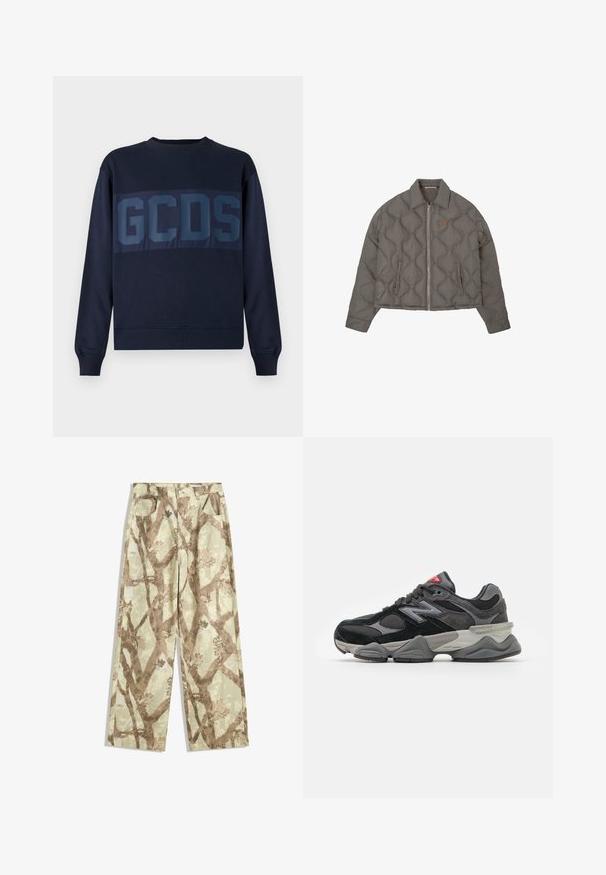 Grå vadderad jacka med framzipper, krage och två sidofickor, med en liten broderad emblem på bröstet.; Marinblå bomulls sweatshirt med långa ärmar, som har en djärv "GCDS"-logotyp med en glansig finish över bröstet i en kontrasterande mörkare nyans.; Byxor i lätt tyg i en ljusgrön nyans, med ett mönster av bruna grenar, vid bendesign och två framfickor.; Svarta och grå sneakers med en kombination av mocka och mesh-material, tjock sula, framträdande logotyp och röd accent på tungan.