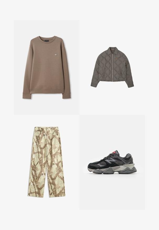 Szürke steppelt dzseki elöl cipzárral, gallérral és két oldalzsebbel, mellrészen egy kis hímzett emblémával.; Barna, hosszú ujjú, kerek nyakú pulóver, bal mellen kicsi Emporio Armani logóval, tiszta fehér háttér előtt.; Könnyű anyagból készült, világos zöld árnyalatú nadrág, amely barna faág mintázattal, széles lábakkal és két elülső zsebbel rendelkezik.; Fekete és szürke sportcipő, amely velúr és hálós anyagok keverékéből készült, vastag talppal, hangsúlyos logóval és piros akcentussal a nyelvén.