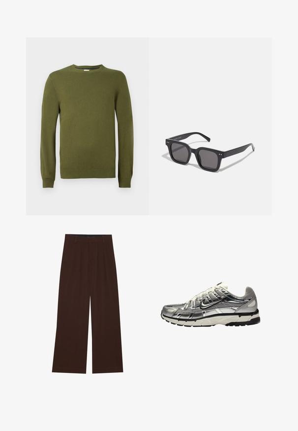 Pelēka gobelēta jaka ar priekšējo rāvējslēdzēju, apkakli un divām sānu kabatām, ar mazu izšūtu emblēmu uz krūšu.; Olīvu zaļš adīts džemperis, apaļa kakla izgriezums, garas piedurknes, riboti aproces un apakšmala, gluda tekstūra, viegla materiāla, ikdienišķs dizains.; Brūni plaša kāju bikses ar krokām. Izgatavotas no gluda auduma, ar pielāgotu jostas vidi un sānu kabatām. Lietus piegriezums apakšā.; Suds un melnas sporta kurpes ar acs un sintētisku augšdaļu, apjomīgs dizains un teksturēta apdare. Iezīmējas ar mīkstinātu apkakli un gumijas zoli.; Melnas taisnstūra saulesbrilles ar tumšiem stikliem, kuras iezīmē bieza rāmja konstrukcija, diskrēti akcenti sānos, un nav redzamu logo ārpus zīmola nosaukuma.