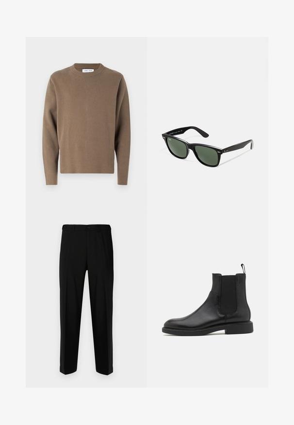 Szara pikowana kurtka z zapięciem na suwak z przodu, kołnierzykiem i dwiema bocznymi kieszeniami, z małym haftowanym emblematem na klatce piersiowej.; Brązowy, dziany sweter z okrągłym dekoltem i długimi rękawami. Gładka tekstura, lekko luźny krój i minimalistyczny design.; Czarne spodnie wykonane z gładkiego materiału, o prostym kroju, z dwoma przednimi kieszeniami oraz zapięciem na zamek błyskawiczny i guzik.; Czarny skórzany botek za kostkę o gładkiej fakturze, z elastycznymi bocznymi panelami i pętelką do zakupu. Okrągły nosek i płaska gumowa podeszwa z minimalnym bieżnikiem.; Czarne plastikowe okulary przeciwsłoneczne z zielonymi szkłami, kwadratowe oprawki, srebrny akcent na brwi oraz fakturowane ramiona temple. Nazwa marki podana na wewnętrznej stronie ramion.