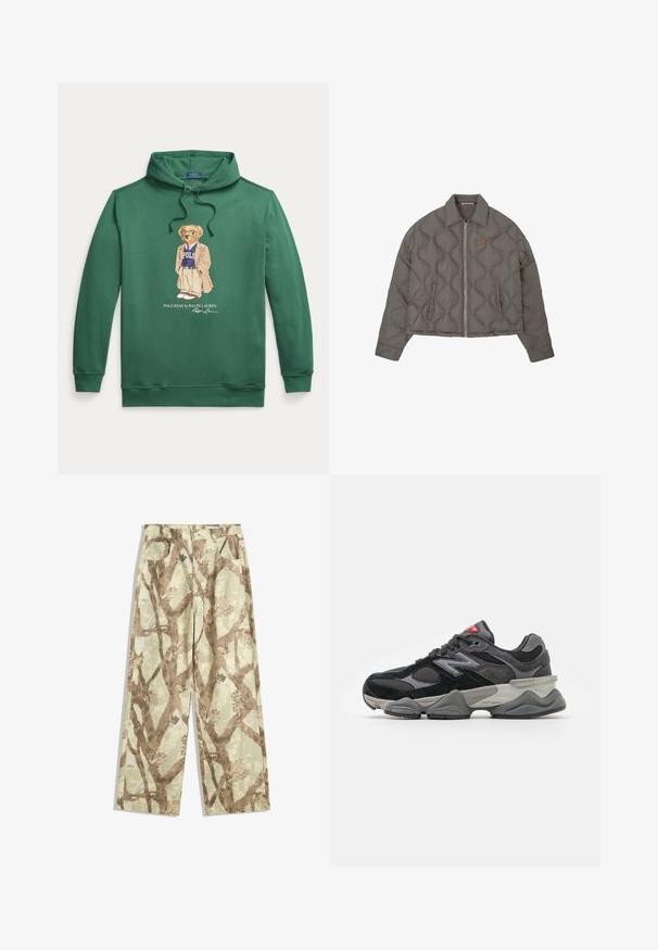 Graue gesteppte Jacke mit Frontreißverschluss, Kragen und zwei seitlichen Taschen, mit einem kleinen gestickten Emblem auf der Brust.; Grüne Sweatshirts mit Kapuze, das ein zentrales Motiv eines angezogenen Bären zeigt. Material aus Baumwollmischung, gerippte Bündchen und Saumdetails.; Hosen aus leichtem Stoff in einem hellgrünen Farbton, mit einem Muster von braunen Zweigen, weit geschnitten und mit zwei vorderen Taschen.; Schwarzer und grauer Sneaker mit einer Kombination aus Wildleder und Mesh-Materialien, dicker Sohle, ausgeprägtem Logo und roten Akzenten an der Zunge.