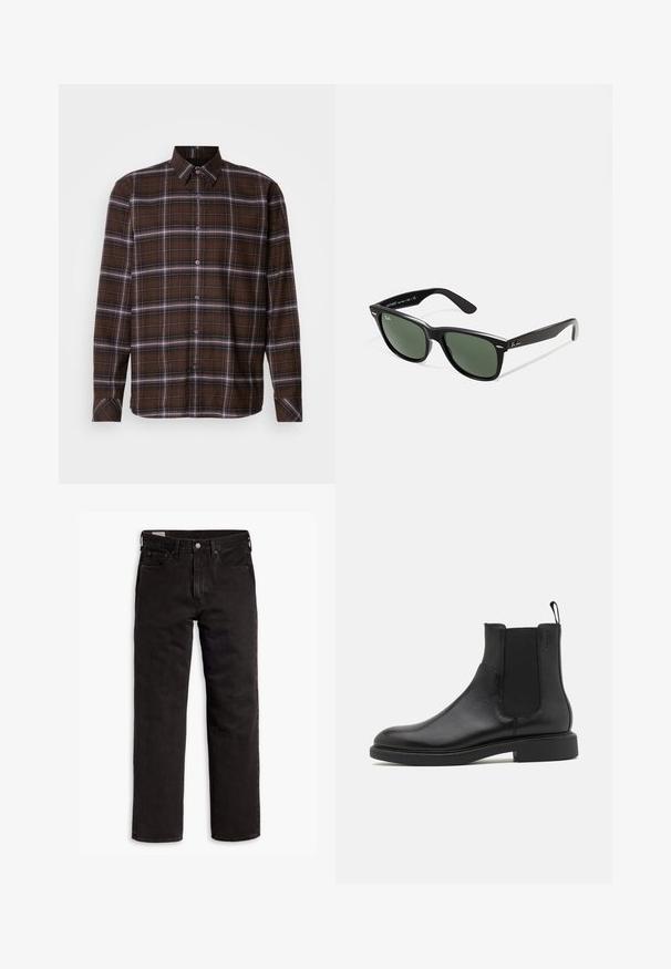 Graue gesteppte Jacke mit Frontreißverschluss, Kragen und zwei seitlichen Taschen, mit einem kleinen gestickten Emblem auf der Brust.; Braun kariertes Langarmhemd mit Knopfverschluss, weißen und schwarzen Streifen, spitzen Kragen und geknöpften Manschetten auf neutralem Hintergrund.; Weißes kurzärmliges T-Shirt aus weicher Baumwolle. Verfügt über einen runden Halsausschnitt und einen geraden Saum mit minimalen Details.; Schwarze gerade Jeans aus Denim mit fünf Taschen, Knopfverschluss und Gürtelschlaufen, flach auf einem weißen Hintergrund ausgelegt.; Schwarze Leder-Ankle-Boots mit glatter Textur, elastischen Seitenpaneelen und einer Zuglasche. Runde Zehenpartie und flache Gummisohle mit minimalem Profil.; Schwarze Plastiksonnenbrille mit grünen Gläsern, quadratischen Rahmen, silbernem Akzent auf der Augenbraue und strukturierten Bügeln. Angegebene Marke auf dem inneren Bügel.