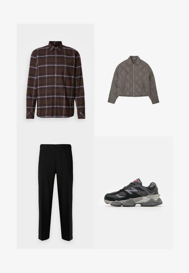 Grijze gewatteerde jas met een rits aan de voorkant, kraag en twee zijzakken, met een klein geborduurd embleem op de borst.; Bruine geruite blouse met lange mouwen, witte en zwarte strepen, puntige kraag en met knopen sluitende manchetten op een neutrale achtergrond.; Zwarte broek van gladde stof, met een rechte snit, twee voorzakken en een ritssluiting met knoopsluiting.; Zwarte en grijze sneaker met een mix van suede en mesh materialen, dikke zool, opvallend logo en een rode accent op de tong.