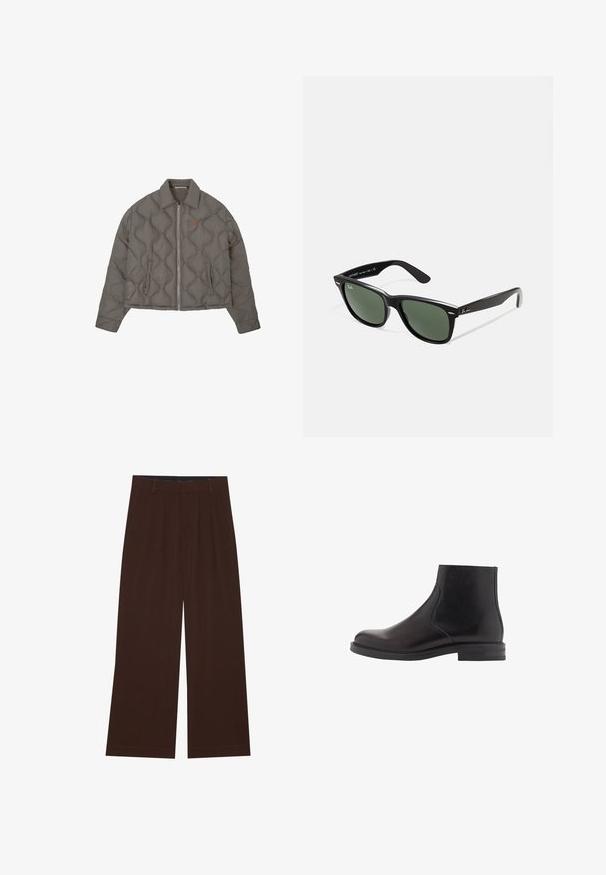Giubbotto grigio trapuntato con zip frontale, colletto e due tasche laterali, con un piccolo emblema ricamato sul petto.; T-shirt bianca a maniche corte realizzata in morbido cotone. Presenta un collo rotondo e un orlo dritto con dettagli minimi.; Pantaloni larghi marroni con pieghe. Realizzati in un tessuto liscio, presentano una vita sagomata e tasche laterali. Orlo piatto in fondo.; Stivale alla caviglia in pelle nera con superficie liscia, punta tonda, pannelli elastici laterali e tacco basso impilato. Design minimalista con cuciture sottili.; Occhiali da sole in plastica nera con lenti verdi, montatura quadrata, dettaglio argento sulla parte superiore e steli con texture. Marchio indicato sulla parte interna dello stelo.