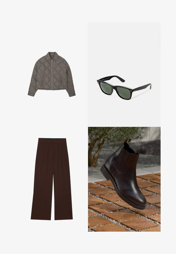 Jachetă gri matlasată cu fermoar frontal, guler și două buzunare laterale, având un mic emblema brodată pe piept.; Tricou alb cu mânecă scurtă, confecționat din bumbac moale. Are un guler rotund și un tiv drept, cu detalii minime.; Pantaloni maro, cu picioare largi, cu pliuri. Realizați dintr-un material neted, având o talie cusută și buzunare laterale. Tiv plat la baza.; Bocanc Chelsea din piele maro, cu panouri elastice pe laterale, o bucată de prindere și un finisaj neted, așezat pe o suprafață texturată din cărămidă și pietriș.; Ochelari de soare din plastic negru cu lentile verzi, rame pătrate, accent argintiu pe sprânceană și brațe texturate. Marca este menționată pe brațul interior.