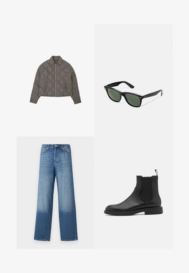 Šedá prošívaná bunda se zipem vpředu, límcem a dvěma postranními kapsami, s malým vyšitým emblémem na prsou.; Bílý krátký rukáv tričko vyrobené z měkké bavlny. Má kulatý výstřih a rovný lem s minimem detailů.; Modré vysoké pásové džíny rovného střihu, s vyšisováním na stehnech a tmavším stínováním u lemů, s viditelným předním knoflíkem a kapsami.; Černá kožená kotníková bota s hladkým povrchem, elastickými bočními panely a poutkem. Kulatá špička a plochá gumová podrážka s minimálním vzorkem.; Černé plastové sluneční brýle se zelenými skly, čtvercové obroučky, stříbrný detail na obočí a texturované stranice. Značka uvedená na vnitřní straně stranic.