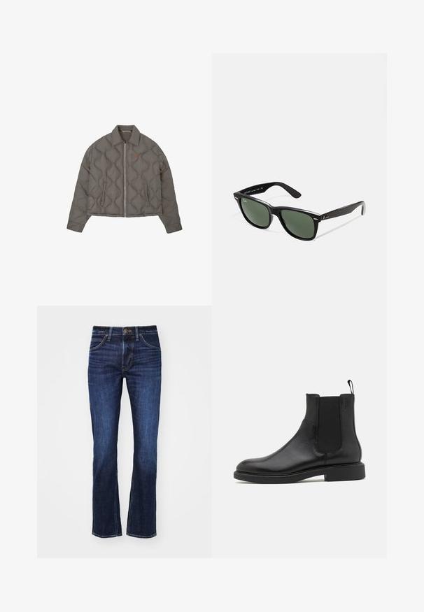 Pilkas siuvinėtas švarkas su priekiniais užtrauktukais, apykakle ir dviem šoninėmis kišenėmis, kuriame ant krūtinės yra mažas siuvinėtas emblem. ; Balta trumpa rankovėmis marškinėliai, pagaminti iš švelnios medvilnės. Turi apvalų iškirpimą ir tiesų apdailą su minimaliu puošu.; Tamsiai mėlynos džinsinės kelnės tiesaus kirpimo, su penkiais kišenėmis, užsegimu mygtuku ir švelniu nusidėvėjimu priekyje.; Juodos odinės kulkšninių batų su lygia tekstūra, elastinėmis šoninėmis išpjovomis ir rankena. Apvalus pirštas ir plokščias gumos padas su minimaliu protektoriumi.; Juodi plastikiniai saulės akiniai su žaliais objektyvais, kvadratiniais rėmeliais, sidabriniu akcentu ant antakio ir tekstūruotais šventyklų šakutėmis. Vidinėje šakutėje nurodyta prekės ženklo pavadinimas.