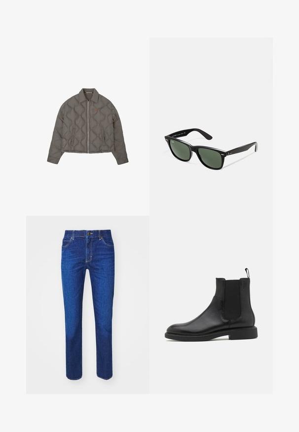 Sivi kramirani jakna s prednjim patentnim zatvaračem, ovratnikom i dva bočna džepa, s malim izvezenim grbom na prsima.; Bijela kratka majica s kratkim rukavima od mekog pamuka. Ima okrugli izrez i ravni rub s minimalnim detaljima.; Tamno plave traperice sa ravnim krojem, dizajnom s pet džepova i zlatnim šavovima. Imaju zatvaranje na gumbe sprijeda i petlje za remen.; Crne kožne gležnjače s glatkom teksturom, elastičnim bočnim panelima i petljicom za obuvanje. Okrugli нос i ravni gumeni potplat s minimalnim uzorkom.; Crne plastične sunčane naočale s zelenim staklima, kvadratni okviri, srebrni naglasak na obrvi i teksturirane ručke. Naziv brenda naveden na unutrašnjoj strani ručke.