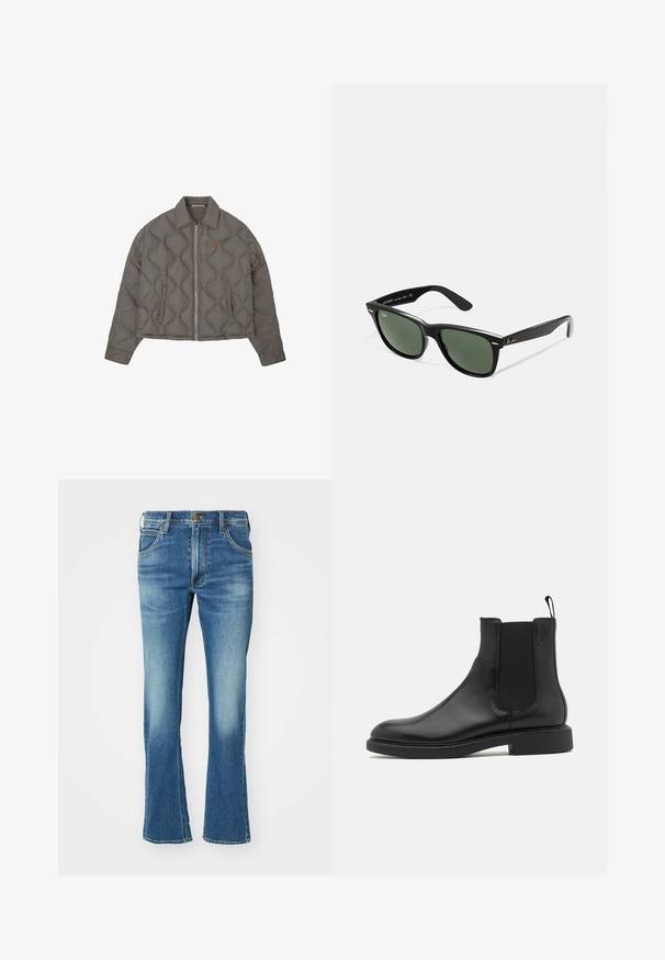 Hallhall huvipluusi, millel on esitõmblukk, krae ja kaks küljetaskut, ning millel on rindkerel väike tikitud emblem.; Valge lühikeste varrukatega T-särk, mis on valmistatud pehmest puuvillast. Omab ümmargust kaelust ja sirget äärt, millel on minimaalne detailitunne.; Sinised teksad, millel on laienev säärte disain, varustatud lukuga, viie taskuga ja peene tuhmumisega. Valmistatud puuvillast kangast.; Must musta nahkasaapad sujuva pinnaga, elastsete külgpaneelidega ja tõmblukuga. Ümmargune varvas ja lamedad kummist tallad, millel on minimaalne kulumus.; Mustad mustan plastiku prillid roheliste läätsedega, ruudukujulised raamid, hõbedane aksent kulmude peal ja tekstuuriga tempelkäed. Brändi nimi on märgitud sisevarrele.