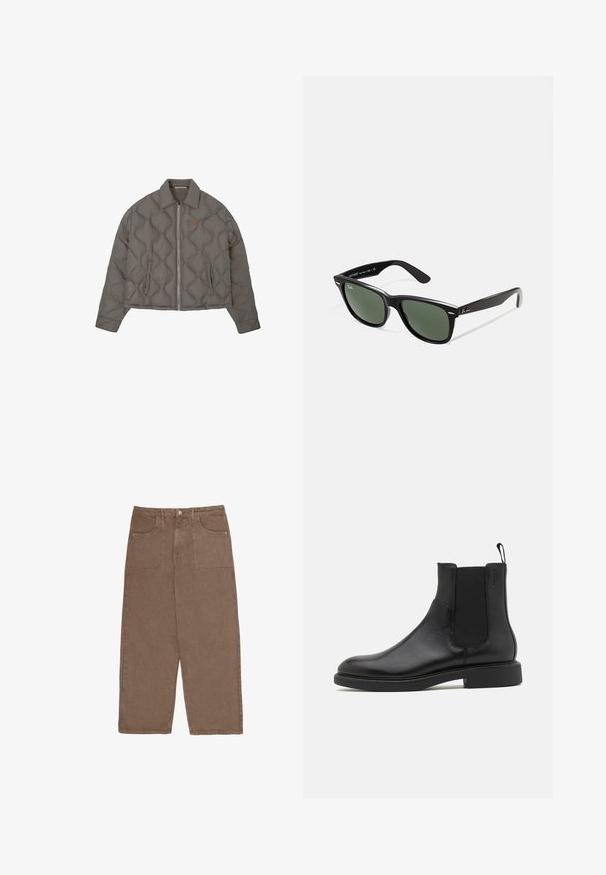 Pelēka gobelēta jaka ar priekšējo rāvējslēdzēju, apkakli un divām sānu kabatām, ar mazu izšūtu emblēmu uz krūšu.; Baltās īsām piedurknēm T-krekls, izgatavots no mīksta kokvilnas. Tam ir apaļa kakla izgriezums un taisna apmale ar minimāliem dekoratīviem elementiem.; Brūnas platās bikses, izgatavotas no kokvilnas, ar divām priekšējām kabatām un pogu aizdari. Audumam ir mīksta tekstūra un matēts apdare.; Melna ādas potīšu zābaks ar gludu tekstūru, elastīgiem sānu paneļiem un cilpas pievilkšanai. Apaļa purngala forma un plakana gumijas zole ar minimālu rakstu.; Melnas plastmasas saulesbrilles ar zaļiem lēciem, kvadrātveida rāmjiem, sudrabainu akcentu uz uzacīm un teksturētām tempļu kājām. Zīmols norādīts uz iekšējās kājas.