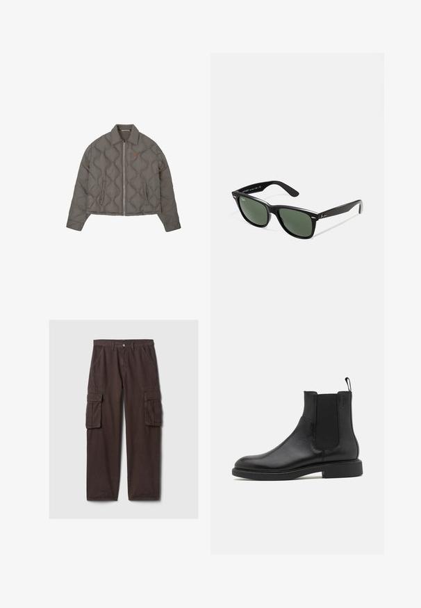 Veste grise matelassée avec fermeture éclair frontale, col et deux poches latérales, présentant un petit emblème brodé sur la poitrine.; T-shirt blanc à manches courtes en coton doux. Il présente un col rond et un ourlet droit avec un minimum de détails.; Pantalon cargo marron en coton robuste. Comprend plusieurs poches utilitaires, des passants de ceinture et une coupe droite. Texture lisse, design classique.; Botte de cheville en cuir noir avec une texture lisse, des panneaux latéraux élastiques et une languette. Bout rond et semelle en caoutchouc plate avec un minimal de relief.; Lunettes de soleil en plastique noir avec verres verts, monture carrée, accent argenté sur le sourcil et branches texturées. Marque indiquée sur l'intérieur de la branche.