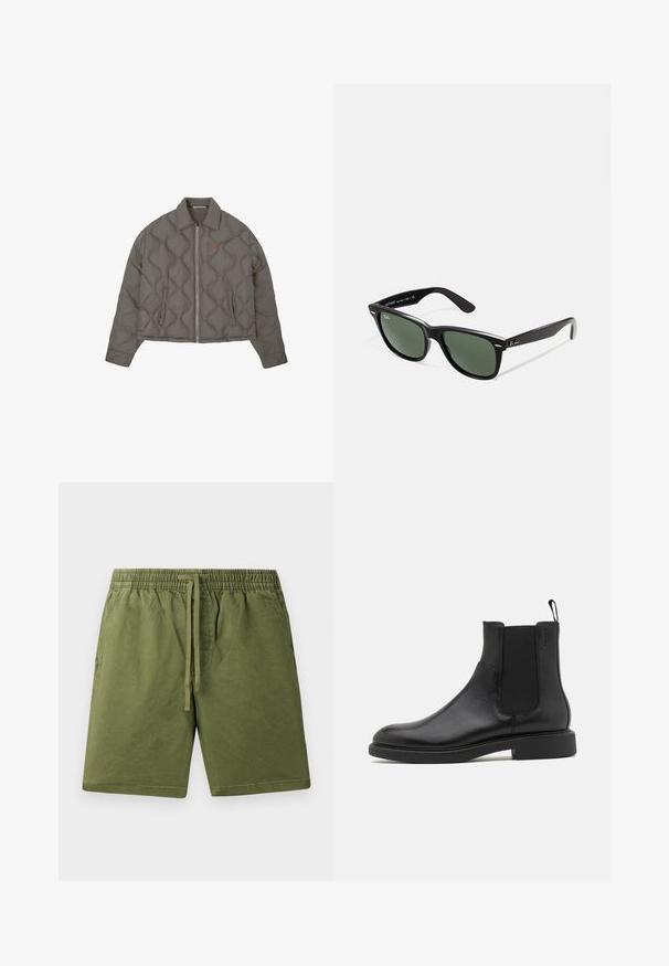 Veste grise matelassée avec fermeture éclair frontale, col et deux poches latérales, présentant un petit emblème brodé sur la poitrine.; T-shirt blanc à manches courtes en coton doux. Il présente un col rond et un ourlet droit avec un minimum de détails.; Shorts verts kaki en coton doux, dotés d'une taille élastique avec cordon de serrage et de poches latérales. Texture lisse, design décontracté.; Botte de cheville en cuir noir avec une texture lisse, des panneaux latéraux élastiques et une languette. Bout rond et semelle en caoutchouc plate avec un minimal de relief.; Lunettes de soleil en plastique noir avec verres verts, monture carrée, accent argenté sur le sourcil et branches texturées. Marque indiquée sur l'intérieur de la branche.