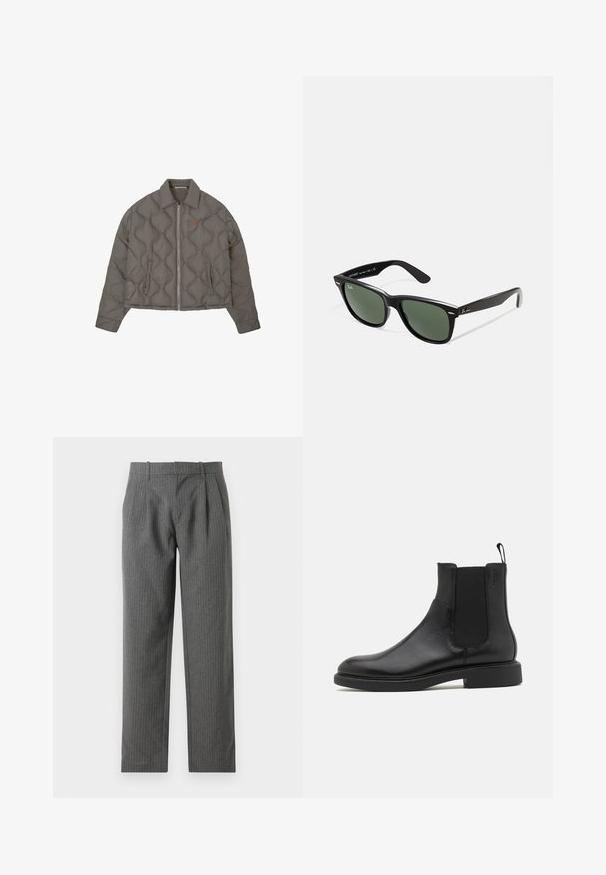 Siva prešita jakna s sprednjim zadrgo, ovratnikom in dvema stranskima žepoma, z majhnim vezenim emblemom na prsih.; Bela kratka majica s kratkimi rokavi iz mehke bombažne tkanine. Ima okrogle izreze in ravno rob s minimalnimi detajli.; Sive, prugaste hlače narejene iz strukturirane tkanine. Imajo visok pas z gubami in ravno krojenimi nogavicami.; Črne usnjene gležnjarje z gladko teksturo, elastičnimi stranskimi paneli in zanko za obuvanje. Okrogel prst in raven gumijast podplat z minimalnim profilom.; Črne plastične sončna očala z zelenimi lečami, kvadratni okvirji, srebrni detajl na obrvi in teksturirani ročaji. Blagovna znamka navedena na notranji strani ročaja.
