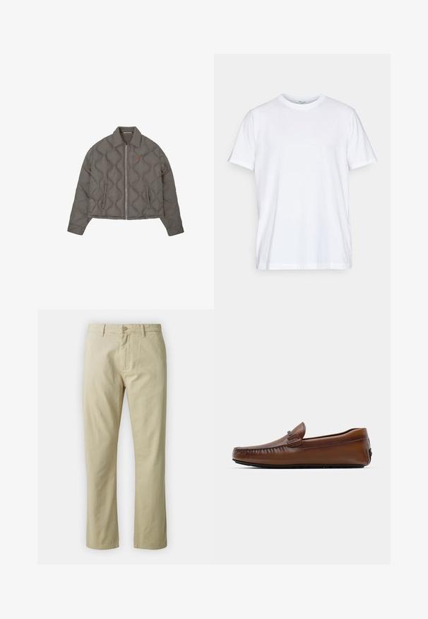 Sivi kramirani jakna s prednjim patentnim zatvaračem, ovratnikom i dva bočna džepa, s malim izvezenim grbom na prsima.; Bijela pamučna majica kratkih rukava, s okruglim izrezom i ležernim krojem. Ima minimalistički dizajn, bez uzoraka ili akcenta.; Bež pamučne hlače s ravnim nogavicama, prednjim zatvaranjem na dugme i petljama za remen. Glatka tekstura, bez vidljivih uzoraka ili naglaska.; Smeđe kožne loafers cipele s okruglim vrhom, šavnim detaljima i malim emblema sa strane. Potplat je ravan i teksturiran za bolju prionjivost.