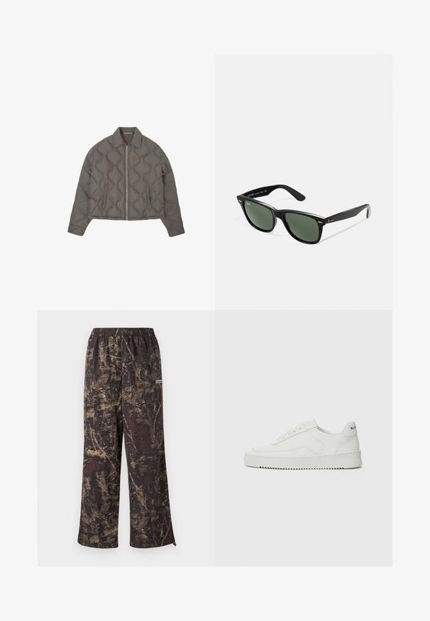 Grå quiltet jakke med frontlynlås, krave og to sidelommer, med et lille broderet emblem på brystet.; Hvid kortærmet T-shirt lavet af bomuld, med rund halsudskæring og en afslappet pasform. Glat tekstur, uden synlige mønstre eller detaljer.; Breddebenede bukser med en mørkebrun bund og et guld tekstureret mønster. Elastisk talje med et logo-tag på siden.; Hvide lædersneakers med en glat overflade, rund tå, flade snørebånd og en tekstureret sål. Har et diskret logo på hælen.; Sorte plastiksolkaber med grønne linser, firkantede stel, sølvaccent på brynene og teksturerede templede arme. Angivet mærke på den indre arm.