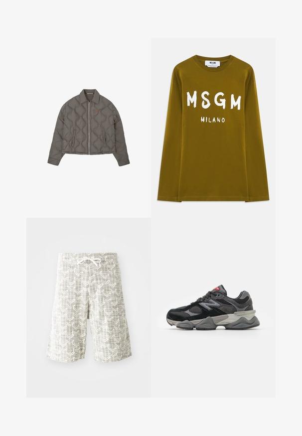 Sivé prešívané sako s predným zipsom, golierom a dvoma bočnými vreckami, ktoré má malé vyšívané emblém na hrudi.; Olivovo zelené tričko s dlhým rukávom vyrobené z bavlny, na prednej strane s veľkým bielym nápisom "MSGM" a "MILANO".; Ľahké šortky vyrobené z tkaniny, s šedobielym geometrickým vzorom, elastickým pásom s šnúrkou a voľným strihom.; Čierne a šedé tenisky s kombináciou semišu a sieťoviny, hrubou podrážkou, výrazným logom a červeným akcentom na jazyku.