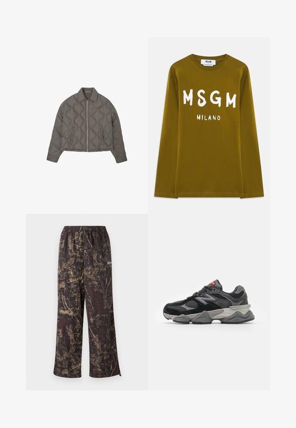 Šedá prošívaná bunda se zipem vpředu, límcem a dvěma postranními kapsami, s malým vyšitým emblémem na prsou.; Olivově zelené dlouhé tričko vyrobené z bavlny, s velkým bílým potiskem "MSGM" a "MILANO" na přední straně.; Kalhoty s širokým nohavicemi, které mají tmavě hnědou základnu se zlatým texturovaným vzorem. Elastický pas s logem na boku.; Černé a šedé sneakersy se směsí semišových a síťovaných materiálů, silnou podrážkou, výrazným logem a červeným akcentem na jazyku.