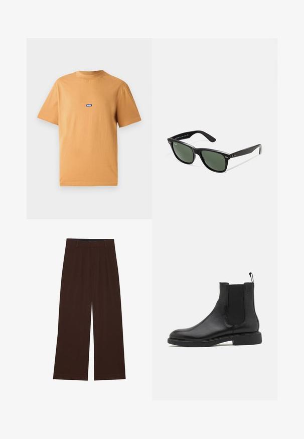 Pilkas siuvinėtas švarkas su priekiniais užtrauktukais, apykakle ir dviem šoninėmis kišenėmis, kuriame ant krūtinės yra mažas siuvinėtas emblem. ; Oranžinė medvilninė marškinė su apykakle ir trumpomis rankovėmis, su mažu mėlynu "HUGO" logotipo įsiuvu krūtinėje. Lygus paviršius.; Rudi plačiai praplečiami kelnių su klostėmis. Pagaminti iš lygaus audinio, su pritaikytu liemeniu ir šoninėmis kišenėmis. Lygus apačios kraštas.; Juodos odinės kulkšninių batų su lygia tekstūra, elastinėmis šoninėmis išpjovomis ir rankena. Apvalus pirštas ir plokščias gumos padas su minimaliu protektoriumi.; Juodi plastikiniai saulės akiniai su žaliais objektyvais, kvadratiniais rėmeliais, sidabriniu akcentu ant antakio ir tekstūruotais šventyklų šakutėmis. Vidinėje šakutėje nurodyta prekės ženklo pavadinimas.