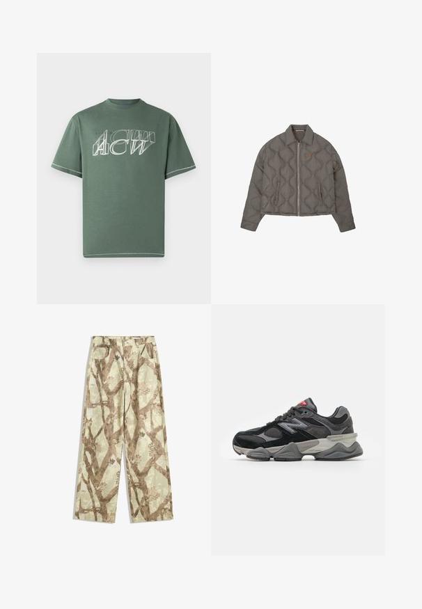 Harmaa tikattu takki, jossa on etuvetoketju, kaulus ja kaksi sivutaskua, jossa on pieni brodeerattu emblem rintapielessä.; Vihreä puuvillainen t-paita lyhyillä hihoilla, jossa etuosassa on valkoinen graafinen painatus kulmikkaassa kuviossa ja kontrastivärinen ommel helman ympäri.; Housut kevyestä kankaasta vaaleanvihreässä sävyssä, joissa on ruskeita puun oksia kuvaava kuvio, leveät lahkeet ja kaksi etutaskua.; Mustat ja harmaat lenkkarit, joissa on yhdistelmä mokkaa ja verkkomateriaaleja, paksu pohja, hallitseva logo ja punaisia yksityiskohtia kielekkeessä.