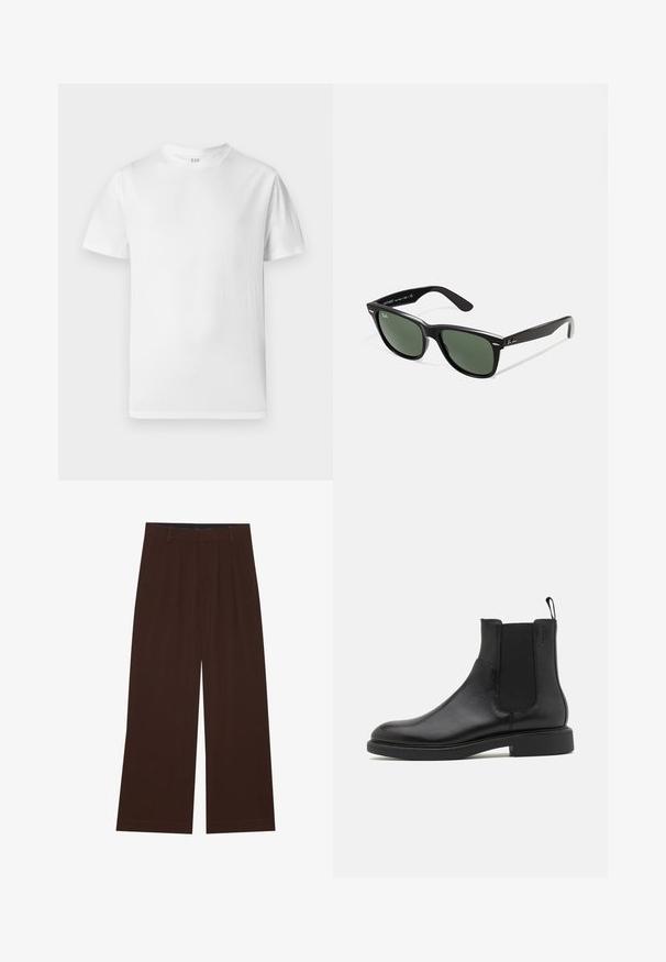 Sivé prešívané sako s predným zipsom, golierom a dvoma bočnými vreckami, ktoré má malé vyšívané emblém na hrudi.; Biela tričko s krátkym rukávom vyrobené z jemnej bavlny. Obsahuje okrúhly výstrih a rovný lem s minimálnymi detailmi.; Hnedé nohavice s širokými nohavicami a plisovaním. Vyrobené z hladkej látky, s upraveným pásom a bočnými vreckami. Rovný lem na spodnej časti.; Čierne kožené členkové topánky s hladkým povrchom, elastickými bočnými panelmi a pútkom. Okrúhla špička a plochá gumová podrážka s minimálnym dezénom.; Čierne plastové slnečné okuliare so zelenými šošovkami, štvorcové rámy, strieborný akcent na obočí a textúrované ramenné opierky. Brand uvedený na vnútornej strane ramien.