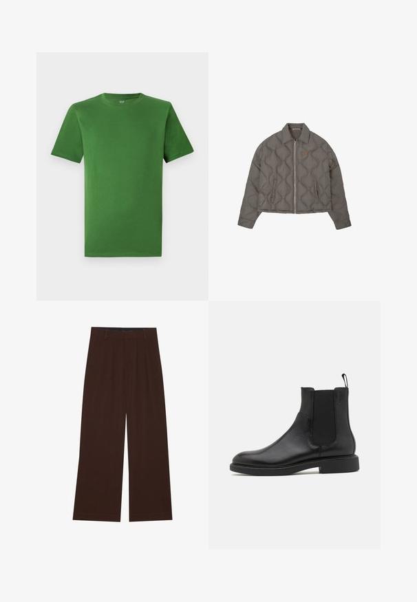 Pelēka gobelēta jaka ar priekšējo rāvējslēdzēju, apkakli un divām sānu kabatām, ar mazu izšūtu emblēmu uz krūšu.; Zaļš kokvilnas T-krekls ar apaļu kakla izgriezumu un īsām piedurknēm. Gluda tekstūra; nav redzamu rakstu vai rotājumu.; Brūni plaša kāju bikses ar krokām. Izgatavotas no gluda auduma, ar pielāgotu jostas vidi un sānu kabatām. Lietus piegriezums apakšā.; Melna ādas potīšu zābaks ar gludu tekstūru, elastīgiem sānu paneļiem un cilpas pievilkšanai. Apaļa purngala forma un plakana gumijas zole ar minimālu rakstu.