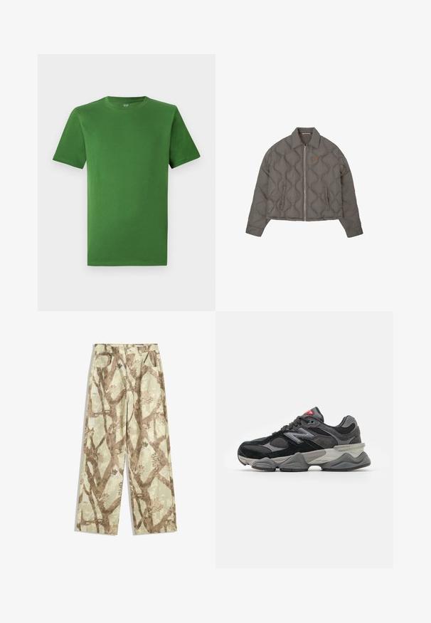 Sivé prešívané sako s predným zipsom, golierom a dvoma bočnými vreckami, ktoré má malé vyšívané emblém na hrudi.; Zelené bavlnené tričko s okrúhlym výstrihom a krátkymi rukávmi. Hladká textúra; bez viditeľných vzorov alebo dekorácií.; Nohavice vyrobené z ľahkej tkaniny v svetlozelenej farbe, so vzorom hnedých vetiev, širokým strihom a dvoma prednými vreckami.; Čierne a šedé tenisky s kombináciou semišu a sieťoviny, hrubou podrážkou, výrazným logom a červeným akcentom na jazyku.