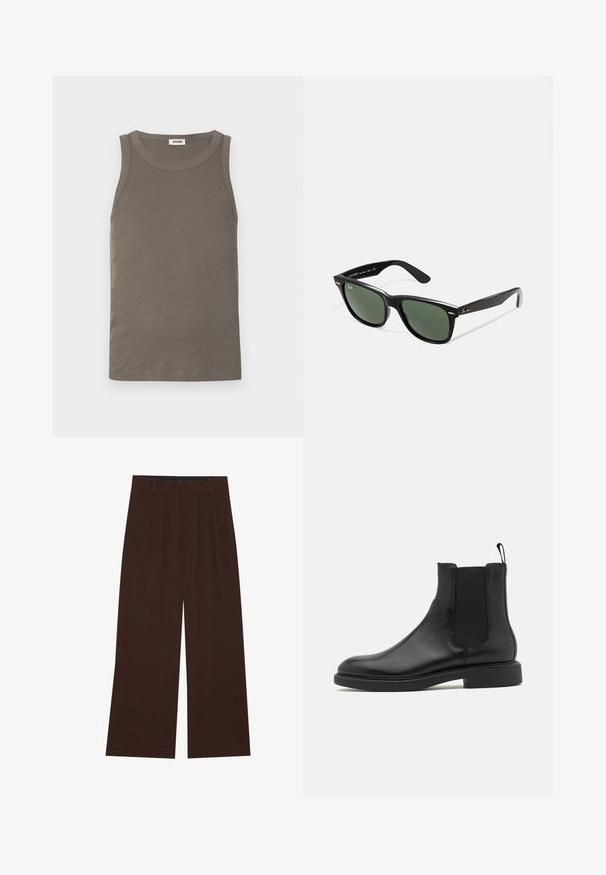 Šedá prošívaná bunda se zipem vpředu, límcem a dvěma postranními kapsami, s malým vyšitým emblémem na prsou.; Světle hnědý žebrovaný tílko s kulatým výstřihem, bez rukávů a s rovnou lemem. Vyrobeno z měkké, elastické látky.; Hnědé kalhoty s širokým střihem a skladbami. Vyrobeny z hladké tkaniny, s upraveným pasem a postranními kapsami. Rovný lem na spodní straně.; Černá kožená kotníková bota s hladkým povrchem, elastickými bočními panely a poutkem. Kulatá špička a plochá gumová podrážka s minimálním vzorkem.; Černé plastové sluneční brýle se zelenými skly, čtvercové obroučky, stříbrný detail na obočí a texturované stranice. Značka uvedená na vnitřní straně stranic.