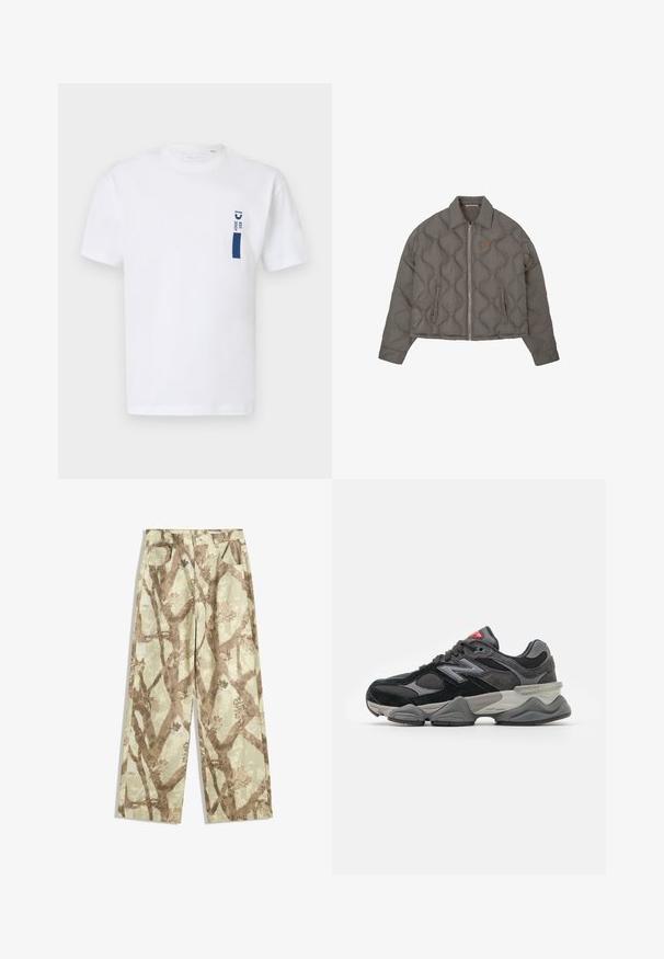 Šedá prošívaná bunda se zipem vpředu, límcem a dvěma postranními kapsami, s malým vyšitým emblémem na prsou.; Bílý bavlněný tričko s krátkými rukávy, na levé části hrudi s námořnickým modrým graphicem obsahujícím text "EST 2007." Jednoduchý design.; Kalhoty z lehkého materiálu v světlé zelené barvě, s hnědým vzorem větví, širokým střihem a dvěma předními kapsami.; Černé a šedé sneakersy se směsí semišových a síťovaných materiálů, silnou podrážkou, výrazným logem a červeným akcentem na jazyku.